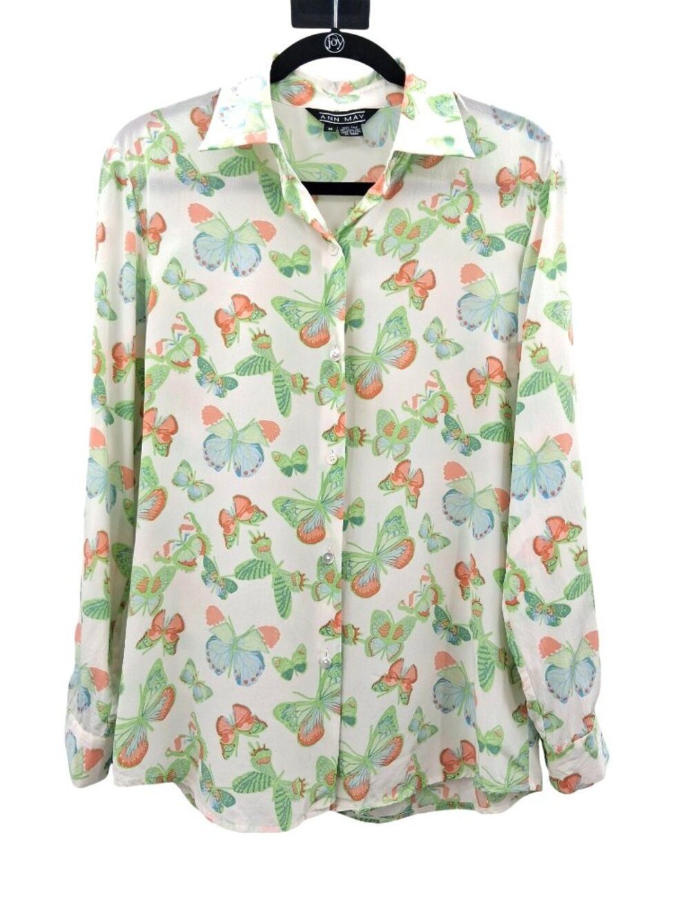 Vintage Ann May Silk Butterfly Print Button-Up Shirt Size Medium